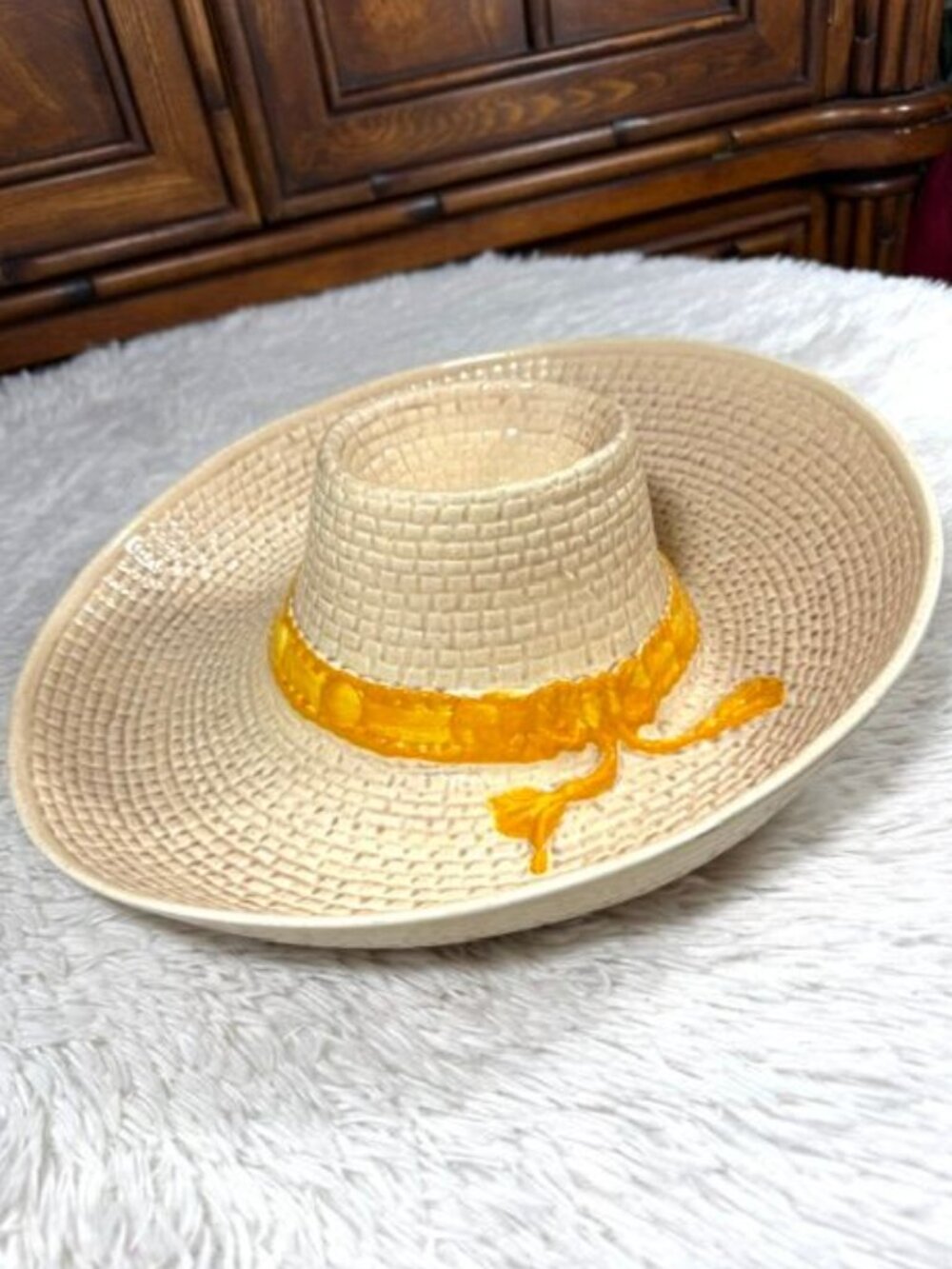 Vintage Ceramic Sombrero Rustic Gold Band Chip & Salsa Dish USA